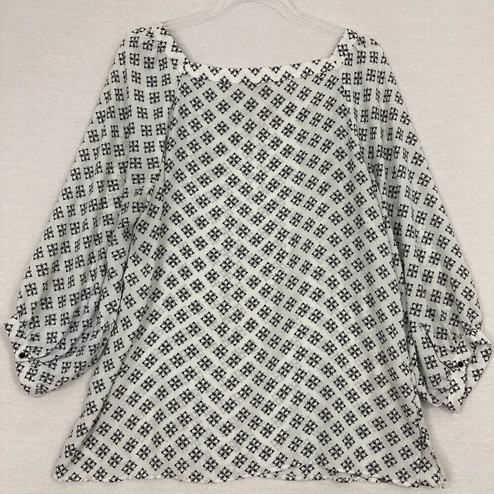 LOFT Black‎ White Square Neck 3/4 Puff Sleeve Feminine Preppy Blouse Large